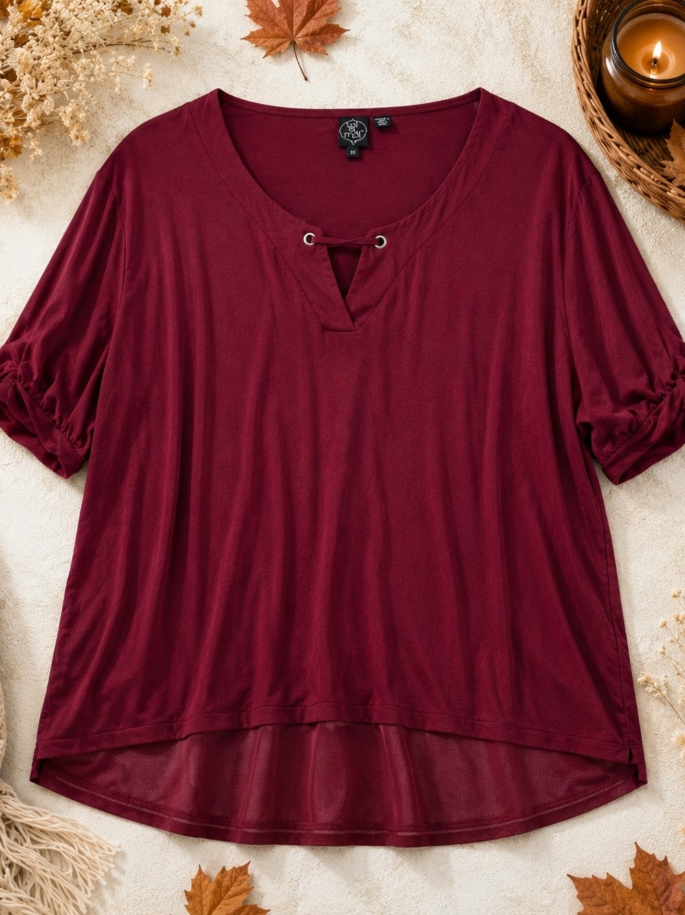 TOI & MOI Burgundy Lace-Up Mesh Hem Tunic Top 3X Plus Size Ruched Sleeve V-Neck